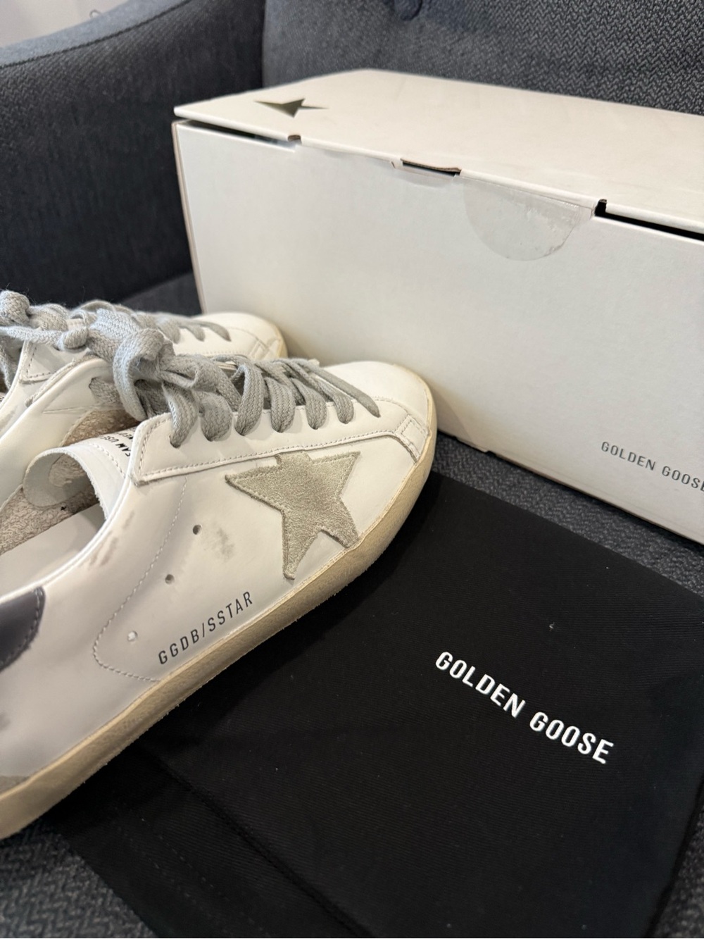 Golden Goose Super-Star Sneakers in White and Gray with Silver Metallic Heel